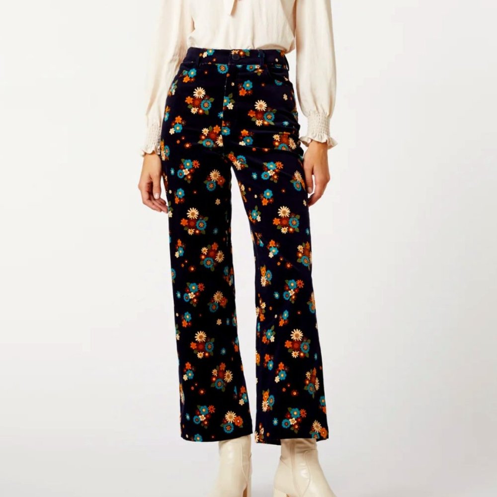 Princess Highway Sally Pant - Floral Navy Corduroy
